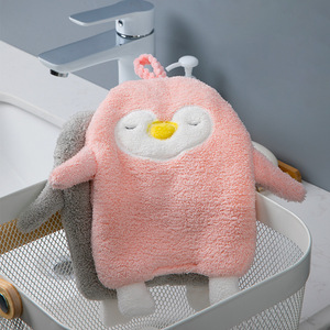 Cartoon Penguin Hand Towel Coral Fleece Quick Dry For Bathroom Kitchen Home Use Gray Blue Pink - Product Image 2