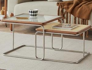 Ancient Style Solid <b>Wood</b> Rattan Woven Coffee <b>Table</b> With Stainless Steel Glass Simple <b>Small</b> Household Living Room Apartment - Product Image 3