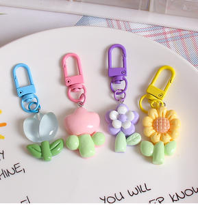 Lindo llavero de metal con forma de tulipán de resina de PVC de dibujos animados, colgante para bolso con girasol, flores de colores variados, bolsa de plástico para auriculares - Product Image 6