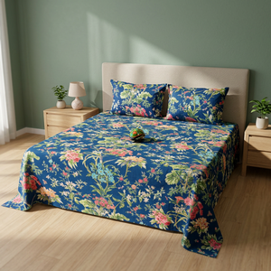 Parure de lit élégante en coton Rang-Birangi, drap imprimé avec taies d'oreiller, motif vert traditionnel, pour usage domestique - Product Image 2