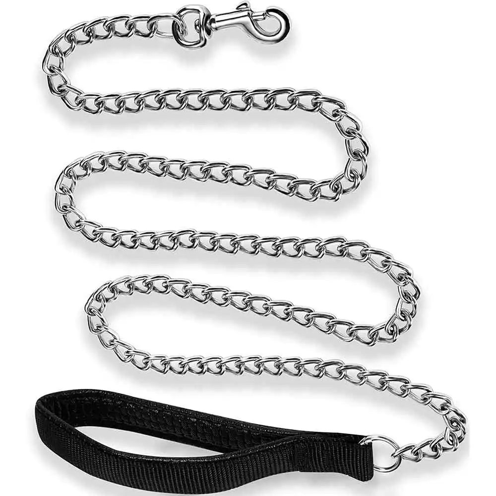 Chew Proof Pet Leash Chain with Padded Handle for Large Medium Size Dogs Outdoor Training Hundeleine Metal Dog Leash