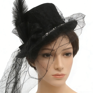 Sombrero de Malla con Plumas, Estilo Retro Europeo Occidental, Elegante, Negro, para Fiestas Formales, Transpirable, con Protección Solar, de Poliéster, para Mujer - Product Image 1