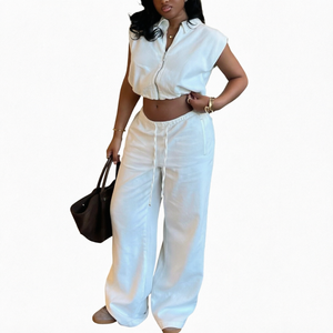 Conjunto de Dos Piezas para Mujer, Camiseta sin Mangas Lisa y Pantalón de Pierna Ancha, Tallas Grandes, Ropa Casual, Estilo Urbano, Tallas S-XXL - Product Image 1
