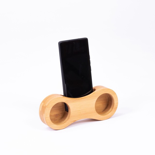 Bamboo Phone Stand with Remote Control Placement Frame Double Holes for Stability for Mobile Devices and Cleaning Tools