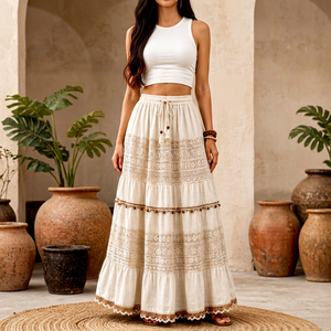 Jupes longues pour femmes en tissu de coton blanc de haute qualité, style tendance, imprimées, personnalisées, style bohème occidental, style hippie, naturelles - Product Image 1