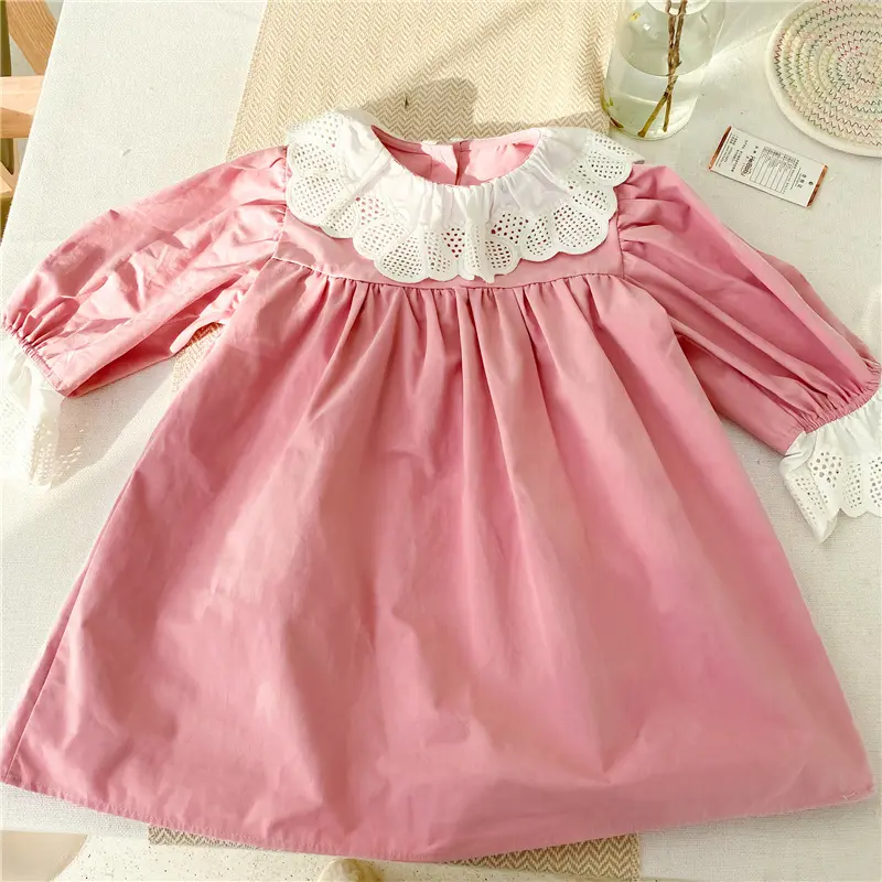 Spring Fashion Autumn Long Sleeve O Collar Dresses Fall Children Clothes Kids Girl Lace Floral Dresses