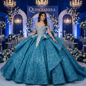 Robe de bal turquoise Wx451, épaules dénudées, décolleté cœur, ornée de perles, franges, broderies florales, en tulle pétales, Jancember - Product Image 1