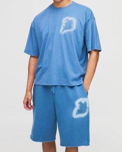 Conjunto de camiseta y pantalón corto azul oversize con apliques, lavado ácido, estilo boxy, a juego - Product Image 1