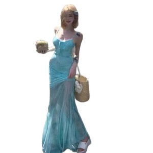 Light Green Mesh Mermaid Bodycon Dress Strapless Long Beach Vacation Sundress For Women Polyester Fabric Splicing Design - Product Image 5