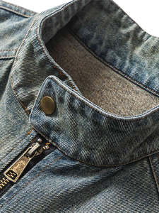 Chaqueta vaquera para hombre, lavada a la piedra, manga larga, cuello alto, cremallera, bordado con letras, ajuste holgado, transpirable, para todas las estaciones - Product Image 5