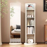 Miroir sur pied en bois cintrée avec étagères ouvertes, rotatif, pour chambre à coucher et rangement