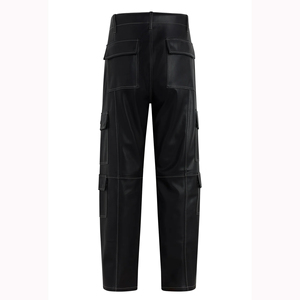 Stacked Style Black Leather Straight Leg Pants with Contrast <strong>White</strong> Stitching Side Patch <strong>Cargo</strong> Pockets Functional Pants Cool Men - Product Image 6