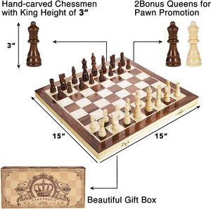 Jeu d'échecs magnétique en bois <span class=keywords><strong>de</strong></span> 15 pouces - 2 reines supplémentaires - Plateau pliable - Compartiments <span class=keywords><strong>de</strong></span> rangement pour <span class=keywords><strong>les</strong></span> pièces, jeu d'échecs portable fait main pour <span class=keywords><strong>les</strong></span> voyages - Product Image 6