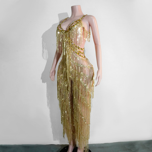 Traje de Lentejuelas Doradas Brillantes con Flecos y Borlas para Mujer, Disfraz para Baile Latino, Samba, Carnaval, Espectáculo de Vegas, Actuación en Escenario - Product Image 5