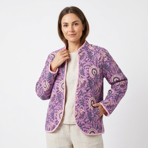 Blazer en coton imprimé Paisley violet pour femme, veste réversible de printemps, longueur normale, manches longues, tissu tissé - Product Image 1