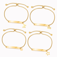 Bracelet personnalisable en acier inoxydable plaqué or 18 carats avec chaîne réglable, motif étoile, couronne, papillon et barre vierge gravable – Cadeau bijou