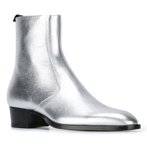 Botas Chelsea de piel auténtica para hombre, zapatos de boda informales con cremallera plateada y punta estrecha, para invierno, tobillo, pasarela, espectáculo - Product Image 1