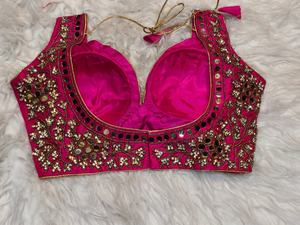 <b>Women</b> Rani <b>Pink</b> Bridal Designer Blouse with Real Mirror Zircon Heavy Handwork Embroidery - Product Image 3