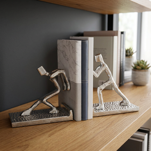 Juego de 2 sujetalibros de metal plateado con diseño de figuras esculturales modernas de resina y base martillada - Product Image 1