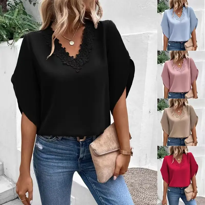 Blusa de renda com decote em V emblê com babados de cor sólida nova e elegante por atacado.