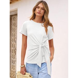 Womens Summer Short Sleeve Crewneck Tie Waist Blouse Casual Work Top Knitted Elastic <b>Wrap</b> Shirt - Product Image 3