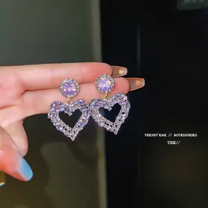 2022 Korean Style Delicate Heart Shape Fashion Simple Designer Purple Zircon Heart Earrings for Women and Girls