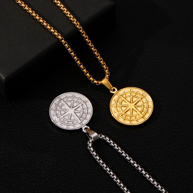 Custom Logo Silver Plated Stainless Steel Compass Pendant Necklace for Men Geometric Design Non-Tarnish Travel North Star Gift