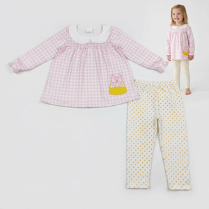 Ensemble tunique et pantalon à carreaux roses pour bébés filles, ensemble brodé, vêtements d'Halloween - Product Image 1