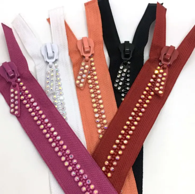 Wholesale Color #10 Diamond Resin Zipper AB Color Diamond Double Row Open End Fashion Zipper For Clothing