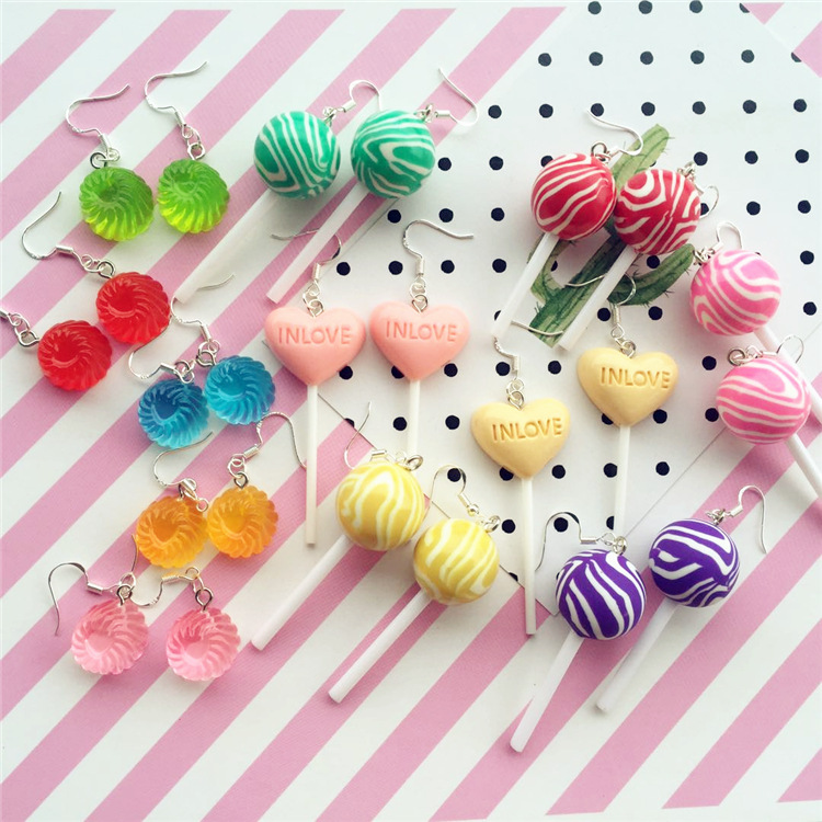 Kawaii simulación 3D Lollipop pendientes de arcilla de polímero cabujones Flatback pendiente para las mujeres lindo regalo de cumpleaños