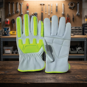 Gants de travail en cuir blanc avec paume et doigts antidérapants verts, manchette droite, gants de sécurité polyvalents - Product Image 3