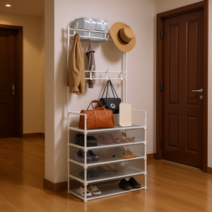 Perchero independiente de 5 niveles, 8 ganchos extraíbles, a prueba de polvo, entrada, salón, árbol, Zapatero para puerta delantera, dormitorio, entrada, incluye - Product Image 2