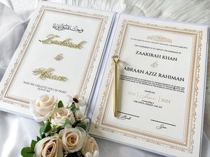 Letras acrílicas doradas 3D, folleto personalizado Nikah Nama, certificado de nombre de signo <span class=keywords><strong>Nikkah</strong></span> con invitaciones de boda de terciopelo blanco - Product Image 2