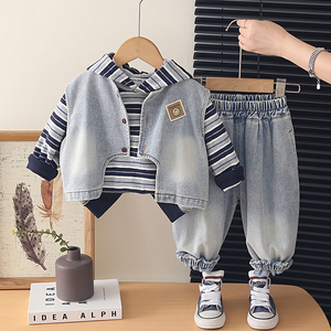 Offre Spéciale – Ensemble 3 Pièces Confortable en Jean Rayé pour Garçons : Gilet, Veste et Chemise à Manches Longues – Logo Personnalisable – Idéal Printemps-Automne Décontracté - Product Image 2