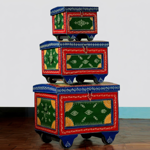 Indian <b>Wooden</b> Rajasthani Hand Painted Set of 3 Trunk <b>Boxes</b> Ornaments Storage Box <b>Small</b> Cloth Organizer For Living Room - Product Image 2