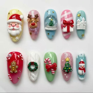 <span class=keywords><strong>Uñas</strong></span> Postizas de Lujo, Largas, Tipo Ataúd, Hechas a Mano, con Decoración de Diamantes de Imitación, Tema Navideño, Acrílicas - Product Image 1