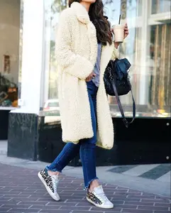 KTX0146 ผู้หญิง Fuzzy ขนแกะ Lapel เปิดด้านหน้าเสื้อ cardigan ยาว Faux Fur อบอุ่นฤดูหนาว Outwear แจ็คเก็ต