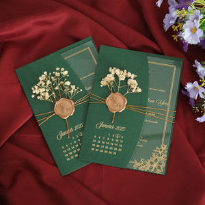 Invitaciones de acrílico transparente para guardar la fecha frustradas con chaqueta plegable verde personalizada con caja - Product Image 1