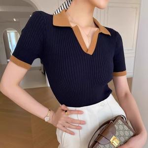 New Product Explosion Womens tops Color Block <b>Turtleneck</b> Fashion <b>Sweater</b> Short Sleeve Slim Fit <b>Sweater</b> Women - Product Image 3