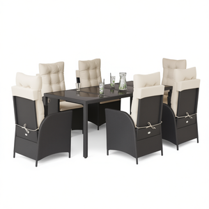 Set da pranzo da giardino nero e crema per 6 persone, in rattan, resistente alle intemperie, design contemporaneo - Product Image 1