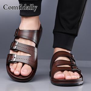 Comfdaily Men Genuine Leather <b>Slides</b> Open Toe Anti <b>Slip</b> Rubber Outsole Casual Summer Sandals - Product Image 3