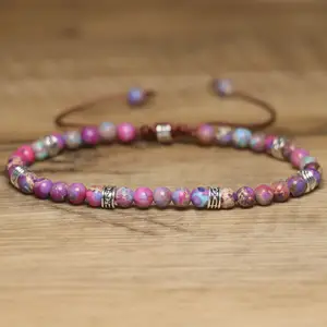 Pulsera de piedras preciosas de 4mm para mujeres niñas púrpura mar sedimento jaspe ansiedad curación ajustable con cuentas minimalista jaspe pulsera