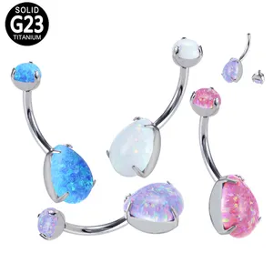 F136 Titanium Piercing Jewelry Body Navel Ring Opal Prong Set Anodized Belly Button Ring