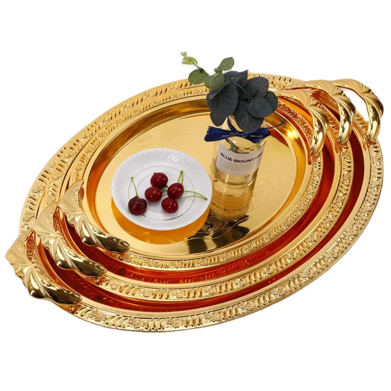 Bandeja de metal decorativa de fruta dorada de Dubái, juego de bandejas de servicio de acero inoxidable estilo europeo árabe con asas