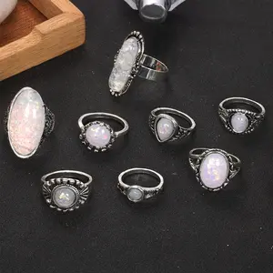 8 Stks/set Vintage Retro Geometrische Knokkel Schild Ringen Set Voor Vrouwen Bohemian Antieke Zilveren Kleur Ringen Mode Sieraden