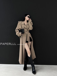 Abrigo de Gabardina Largo de Alta Calidad para Mujer, Color Sólido Otoñal, Talla Grande, Color Caqui, Doble Botonadura, con Cinturón, para Oficina - Product Image 1