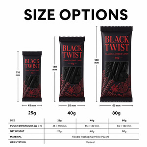 Sacchetto per alimenti monodose piatto con finestra, sigillatura a punta, nero classico, per caramelle alla liquirizia, torsioni e ruote di liquirizia retrò - Product Image 3