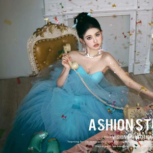 Strapless Blue Tulle Ball Gown Wedding Dress Princess Waistline Indoor Photography Clothing Candy Color Women's Dress - Product Image 4