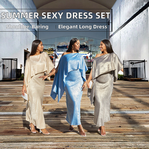 M8058 2024 Summer Women's Casual off the Shoulder Short Sleeved Lace Chiffon Plain Dyed <b>Sexy</b> Long Two-Piece Skirt <b>Set</b> - Product Image 2