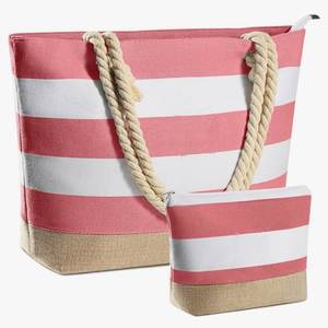 กระเป๋าชายหาดลายทางขนาดใหญ่พร้อมซิปปิด ผลิตจากโพลีเอสเตอร์ ชุดกระเป๋าช้อปปิ้งสะพายไหล่ - Product Image 3